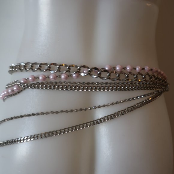 Shag Boutique Silver Multi Chain & Pink Faux Pearls Hip Chain Belt* - Picture 8 of 9